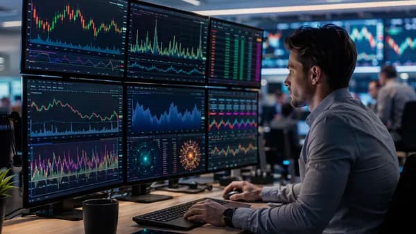 Trader workstation with abstract penny stock charts, alerts, screeners, and market data visualizations.