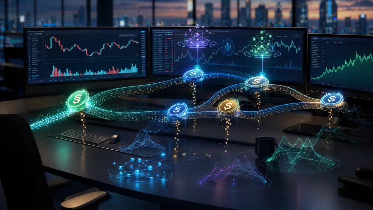 Holographic DEX swap routes showing stablecoin liquidity paths and hidden fee leakage on a crypto trading desk