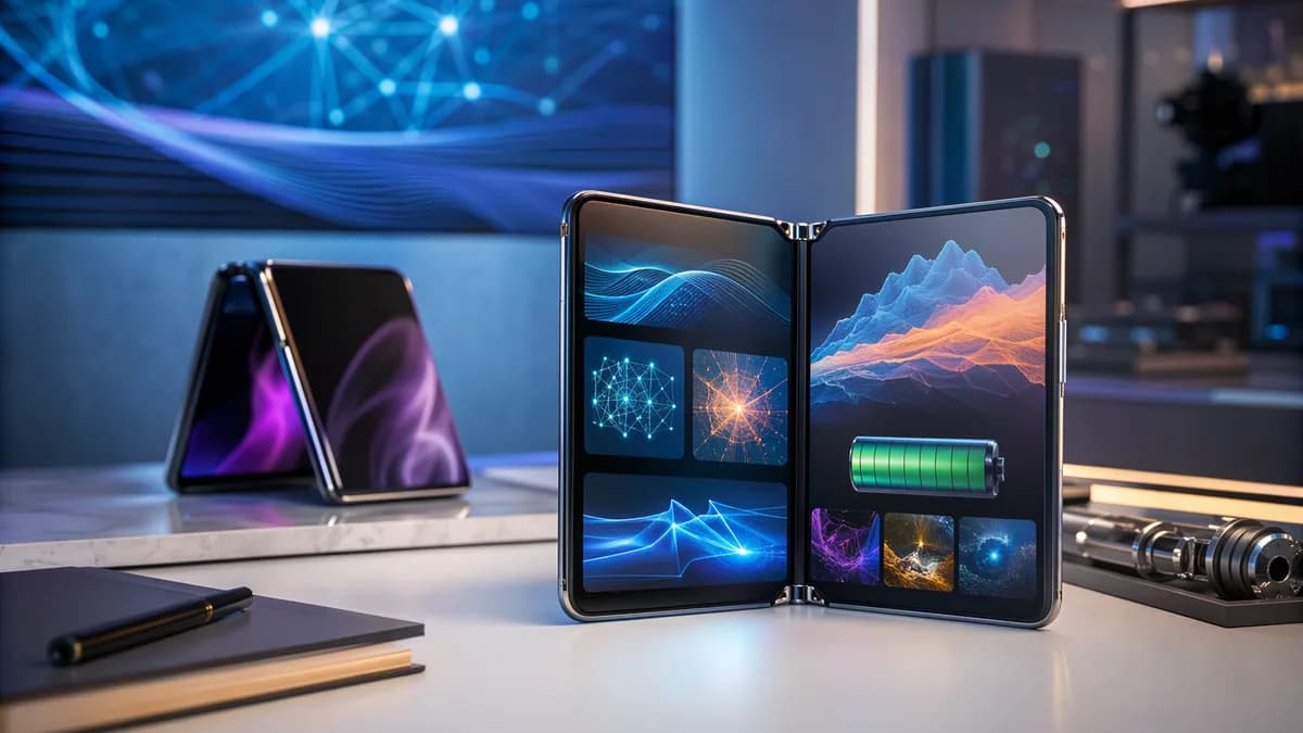 Foldable phone in futuristic workspace highlighting productivity, battery life, and durable hinge design.