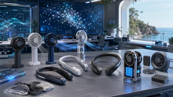 Premium handheld and wearable fans displayed in a futuristic tech workspace with airflow effects