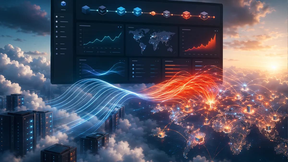 Cloud hosting dashboard with rising traffic waves hitting CDN servers, symbolizing bandwidth costs.