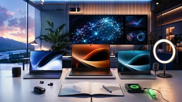 Premium laptops in a futuristic remote-work setup highlighting webcams, audio, and battery life.