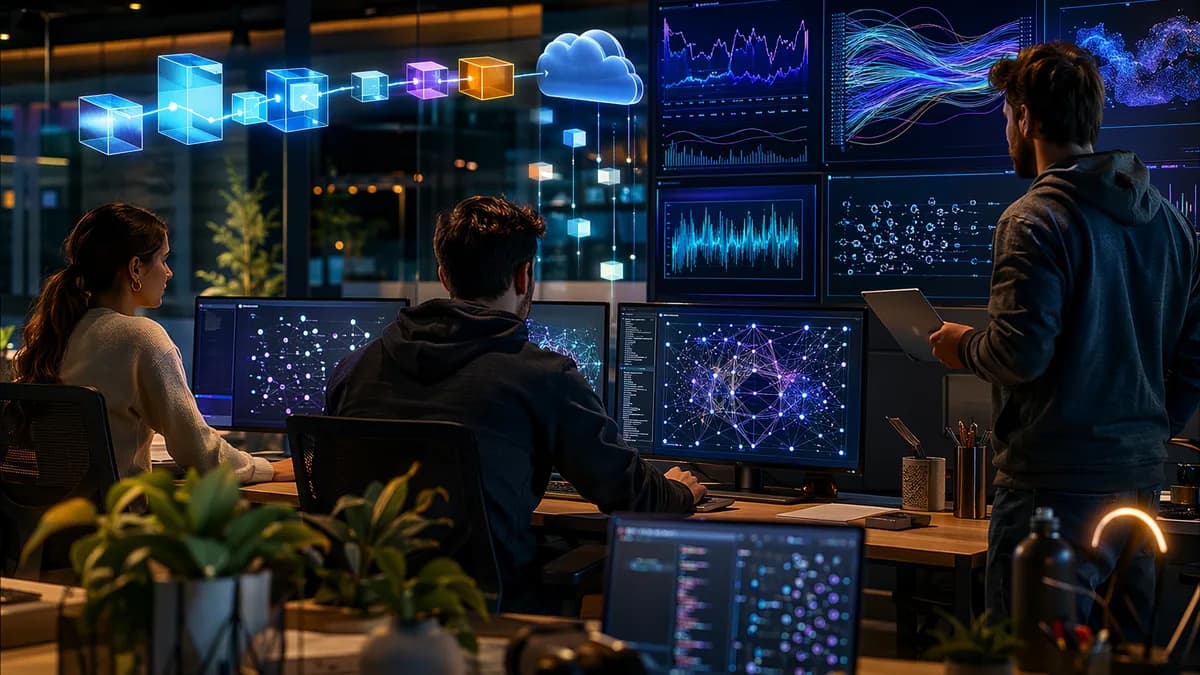 Lean startup MLOps workspace with abstract deployment, tracking, and monitoring visuals
