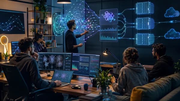Startup team organizing lean MLOps pipelines in a futuristic AI workspace.