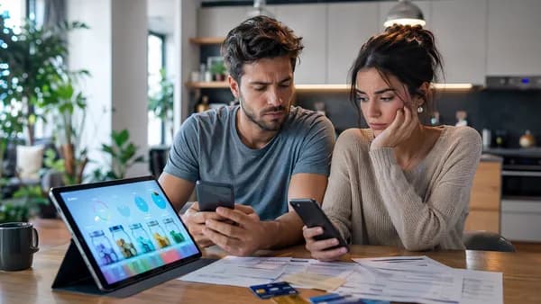 Couple managing shared neobank bills and savings on phones at a kitchen table