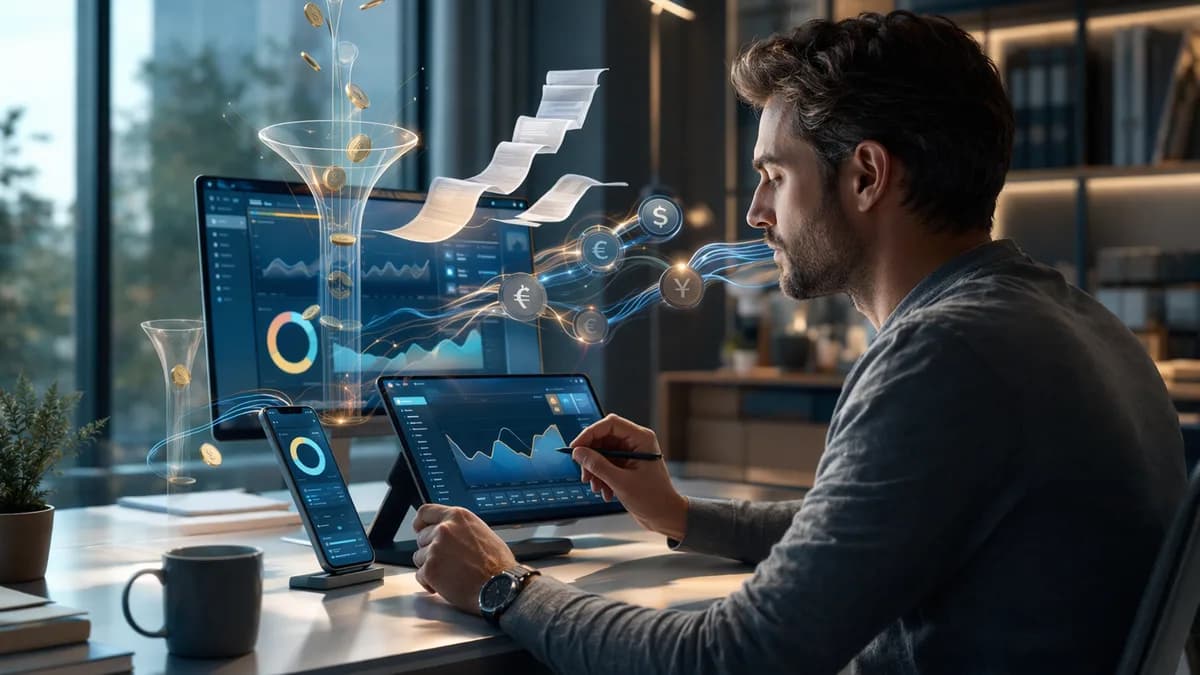 Freelancer reviewing neobank fees, invoices, taxes, and currency flows on digital banking screens.