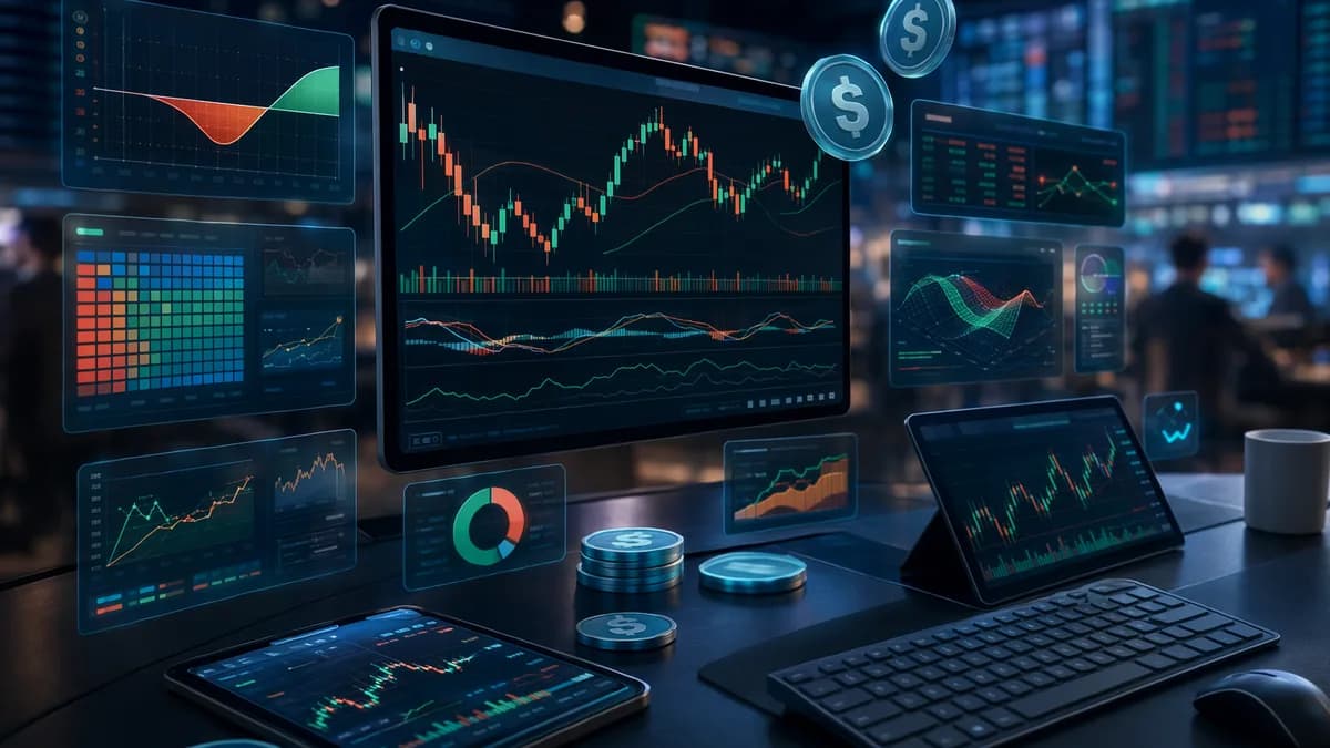 Simulated options trading desk with charts, virtual tokens, and market data screens