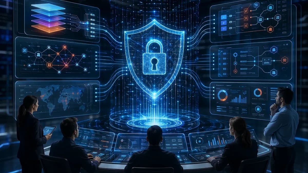 Unified cybersecurity framework with shield, lock, code matrix, and connected penetration testing workflows.