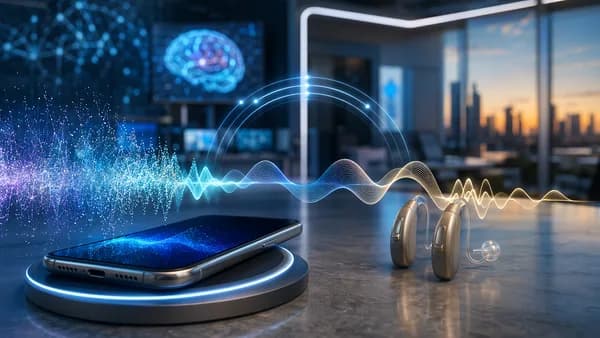 Modern smartphone and hearing aids with clear signal waves in a futuristic tech workspace