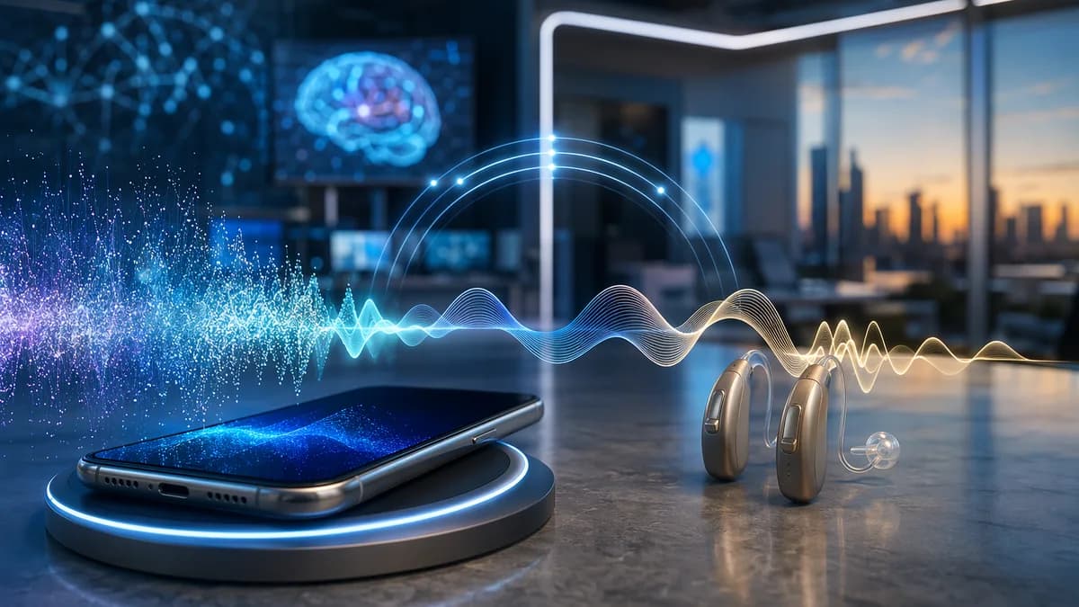 Modern smartphone and hearing aids with clear signal waves in a futuristic tech workspace