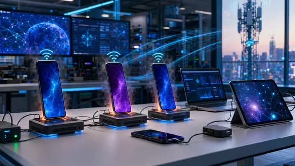 Smartphones in a futuristic lab providing hotspot connections under battery and heat testing.