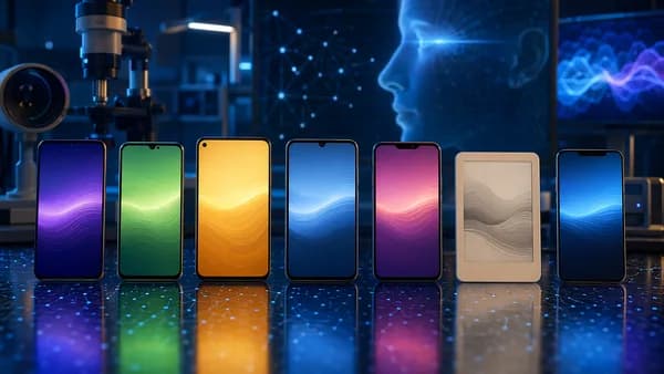 Smartphones in a futuristic lab visualizing screen flicker sensitivity and eye comfort testing.