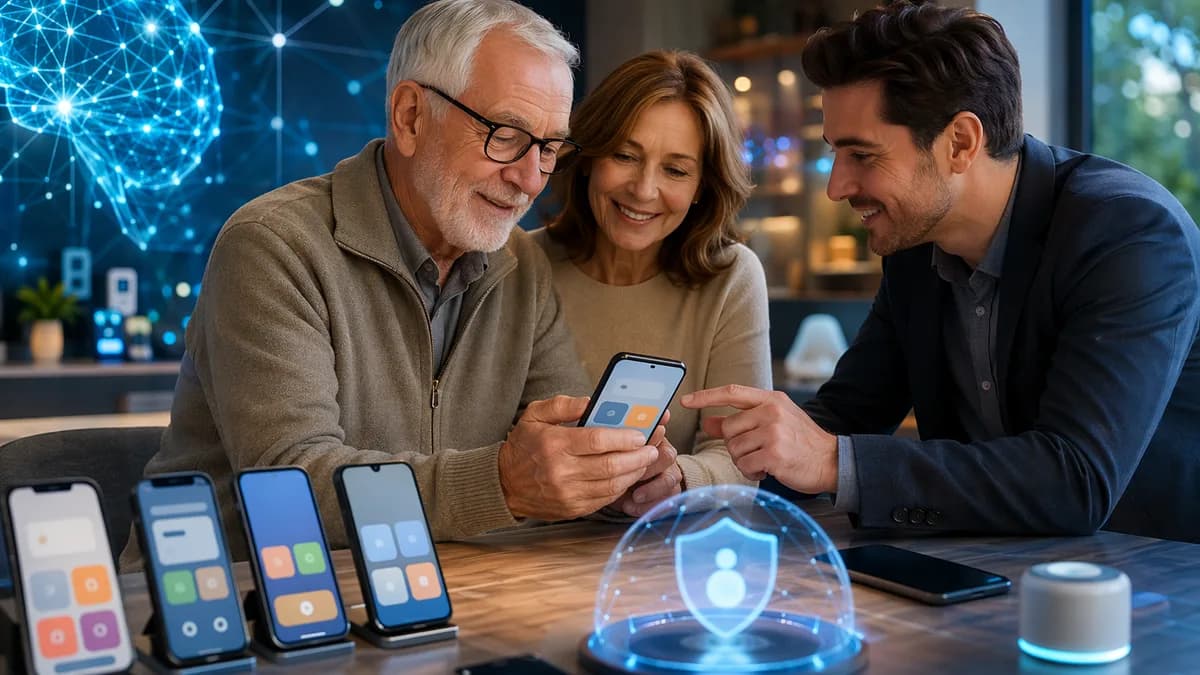 Older adult comparing accessible smartphones in a modern tech setting with safety and support cues.