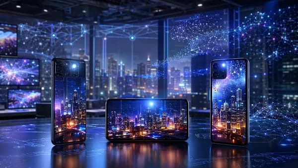 Premium smartphones filming a low-light city scene in a futuristic AI video testing lab.