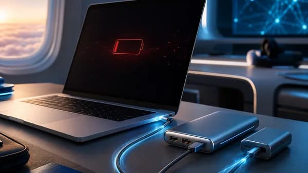 Premium laptop charging from high-capacity USB-C power banks in a futuristic tech workspace.