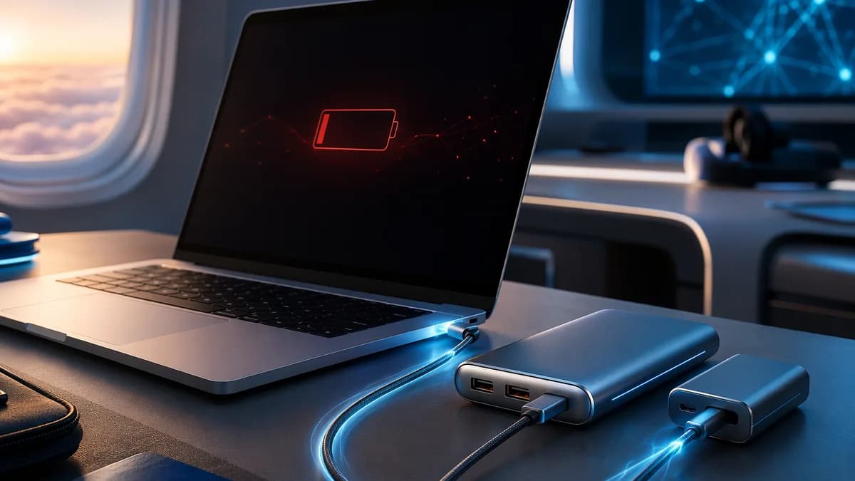 Premium laptop charging from high-capacity USB-C power banks in a futuristic tech workspace.