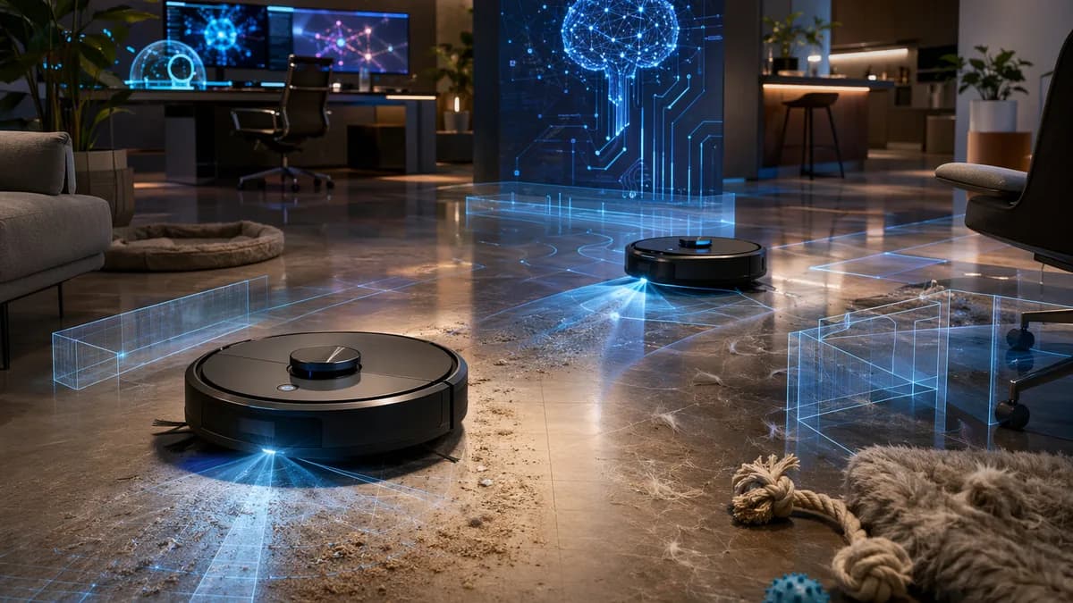 Two unbranded robot vacuums tested in a futuristic smart home lab with AI sensors and obstacles.