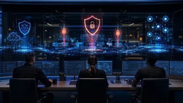 Lean security team reviews clear SIEM alerts in a dark command center with shield and lock visuals.
