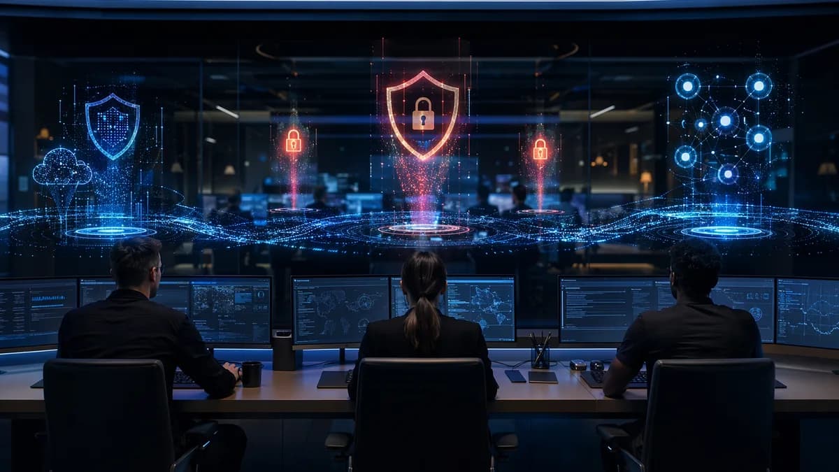 Lean security team reviews clear SIEM alerts in a dark command center with shield and lock visuals.
