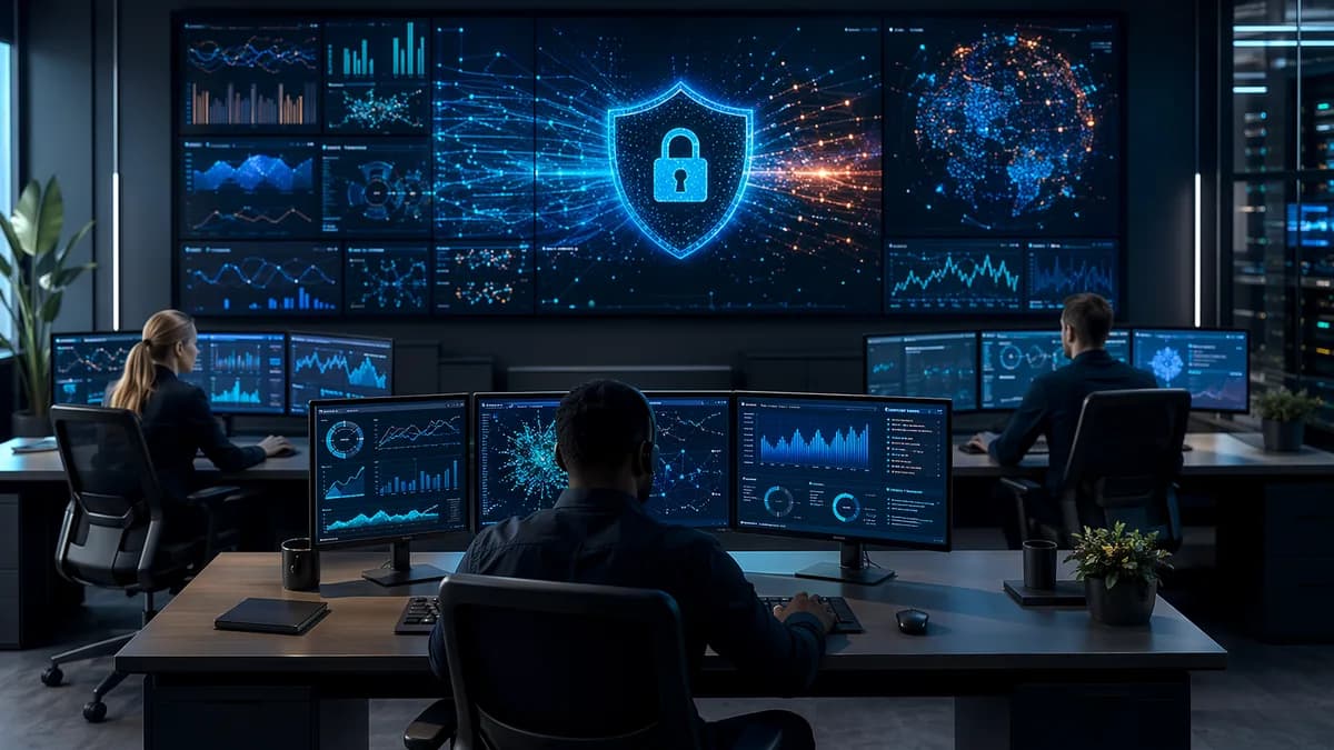 Small SOC team monitoring abstract SIEM dashboards with glowing shields and dark cybersecurity visuals