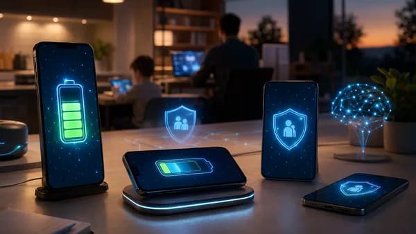 Unbranded smartphones in a futuristic home workspace highlighting long battery life and parent-friendly safety tools.