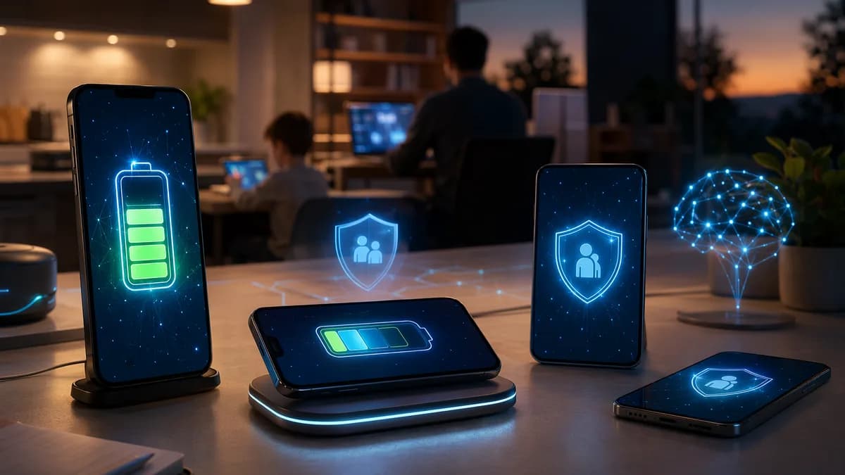 Unbranded smartphones in a futuristic home workspace highlighting long battery life and parent-friendly safety tools.