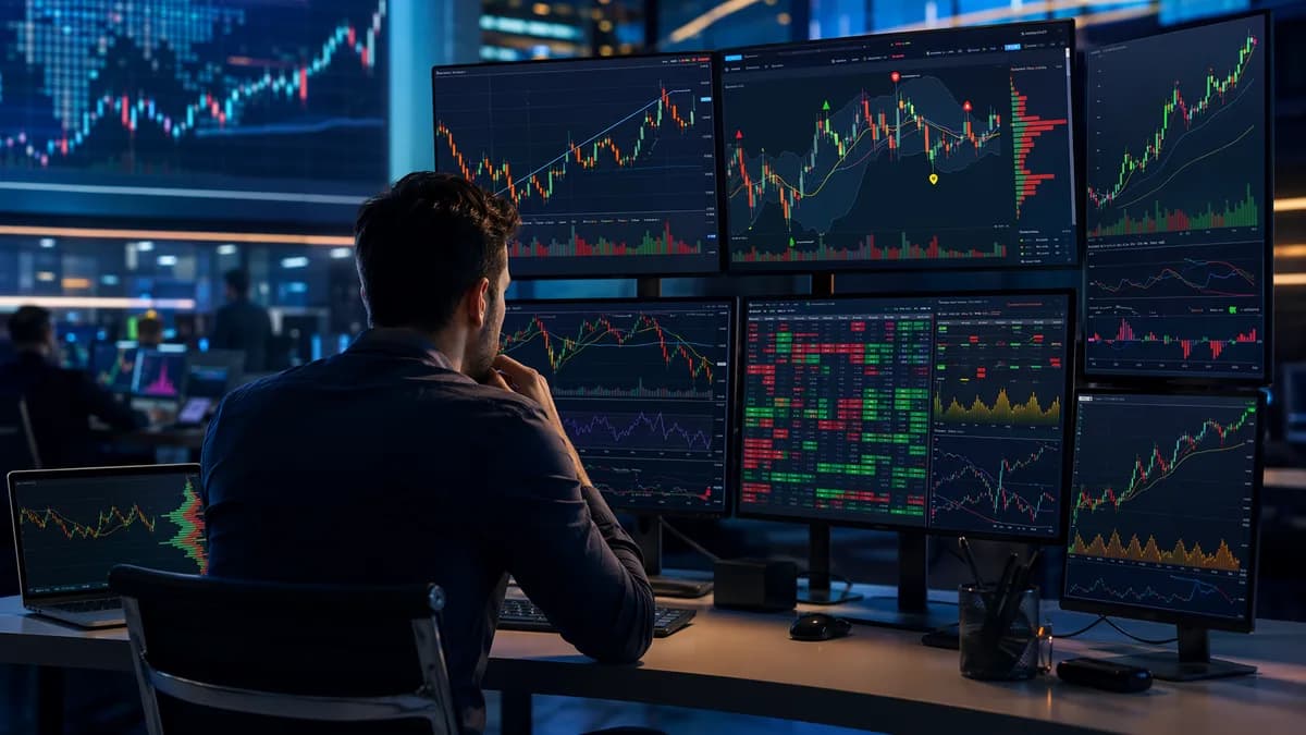 Trader analyzing swing trading chart software dashboards with abstract market visuals.