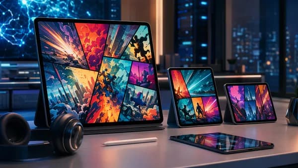 Large tablet showing abstract comic panels in a futuristic tech workspace