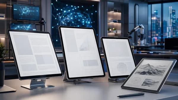 Large tablets and an E Ink device in a futuristic workspace for comfortable PDF reading