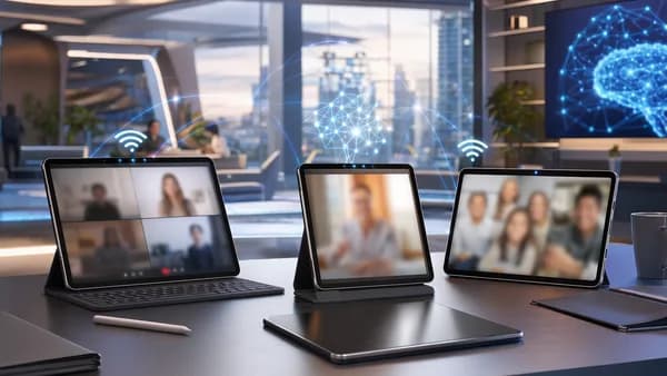 Modern tablets in a futuristic workspace optimized for clear video calls and connectivity.
