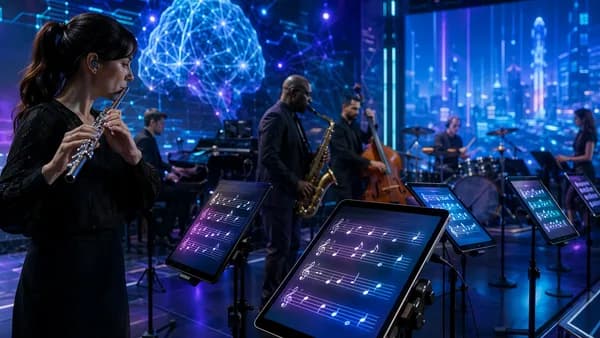 Musicians use sleek tablets for sheet music on a futuristic stage with glowing circuits and screens.
