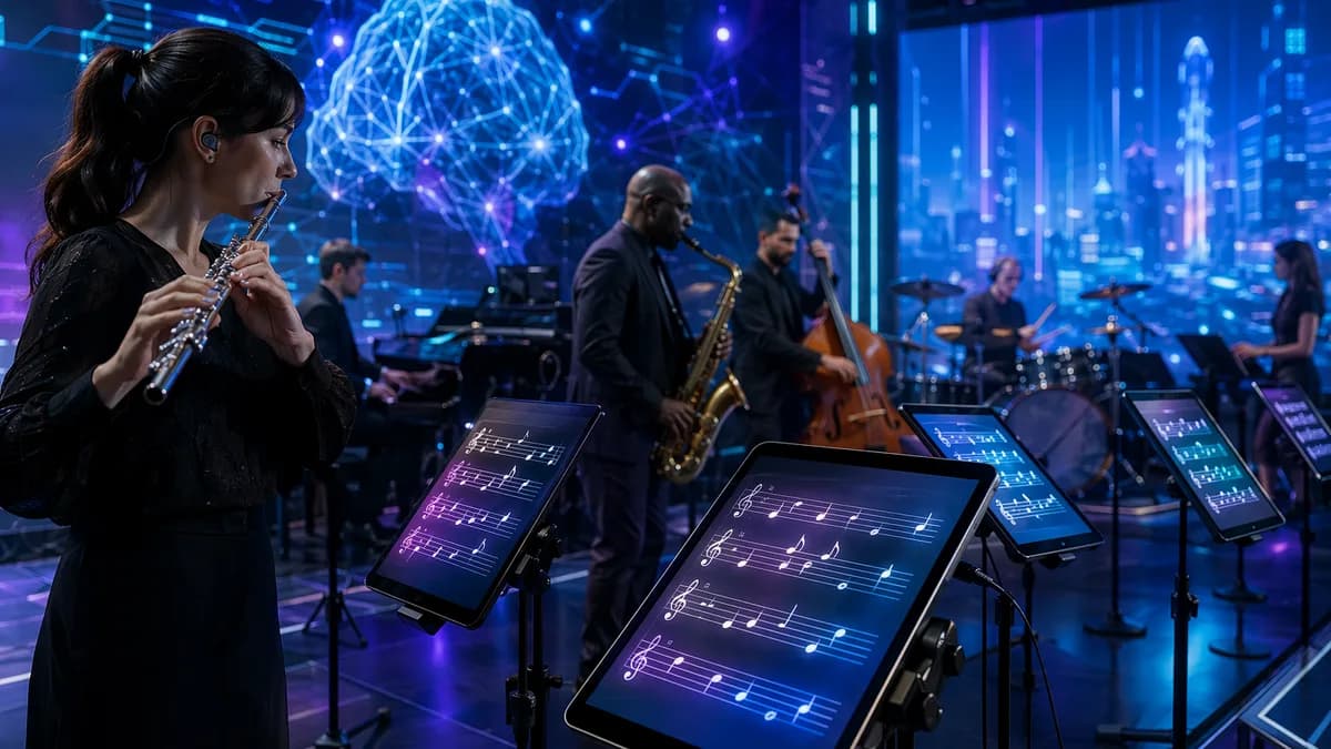 Musicians use sleek tablets for sheet music on a futuristic stage with glowing circuits and screens.