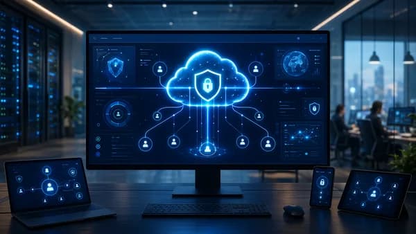 Secure SaaS team network with cloud VPN gateway, dashboards, identity controls, and connected devices.