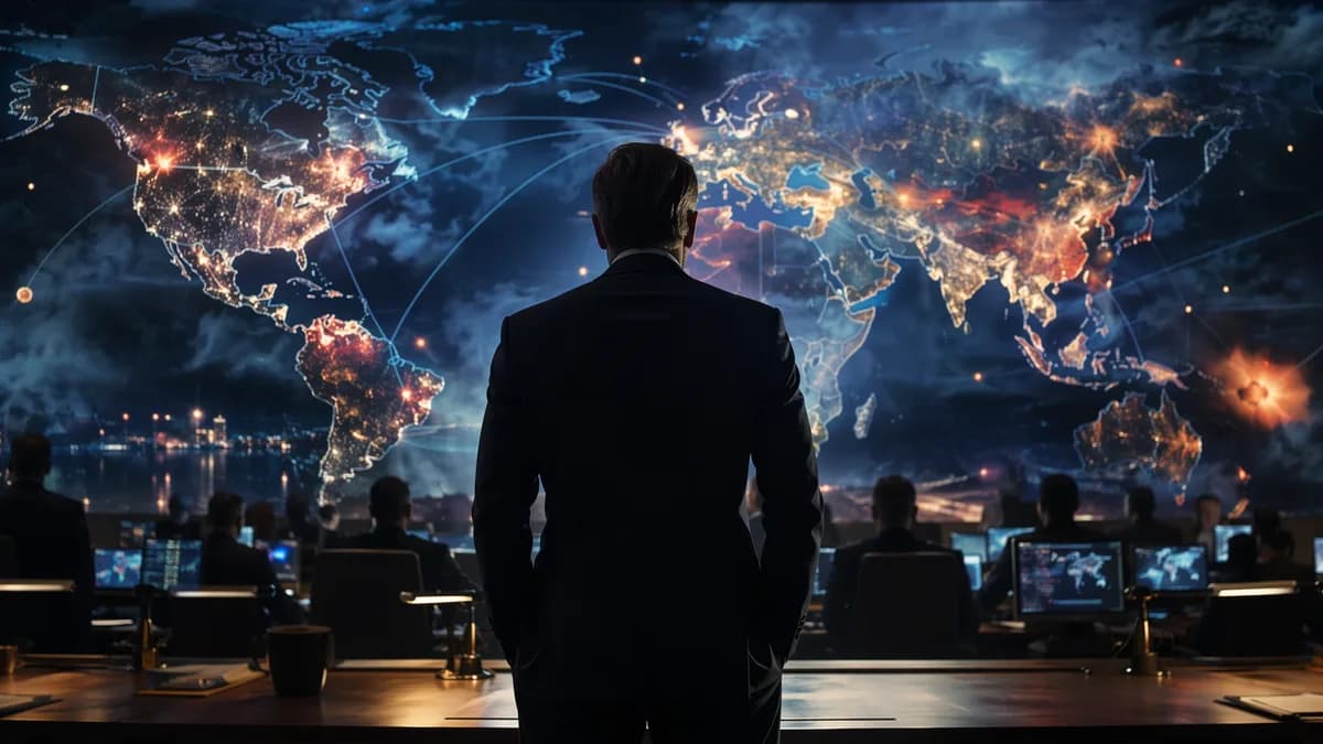 Generic official facing a global intelligence map in a tense briefing room