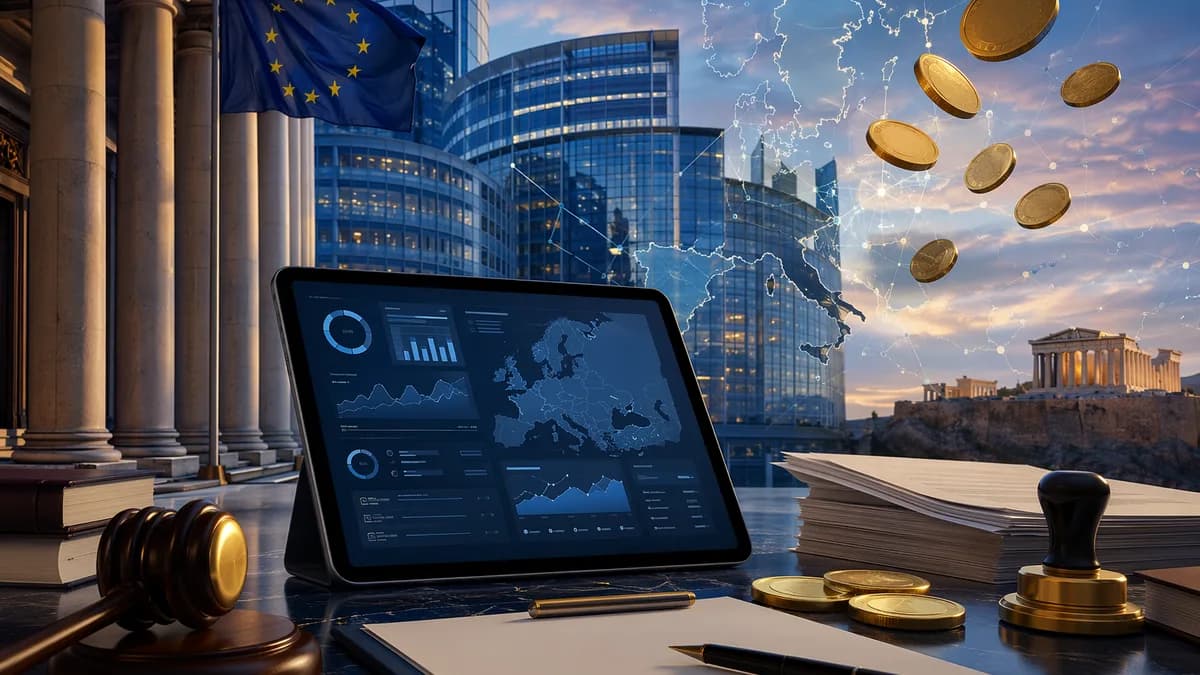 Generic crypto compliance dashboard before European regulatory building with Greece-linked network lines