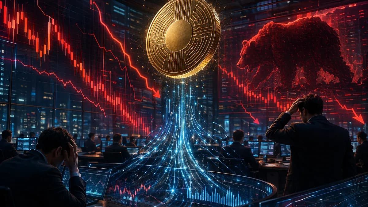 Golden crypto coin over a plunging market chart as institutional flows try to slow a bearish selloff.