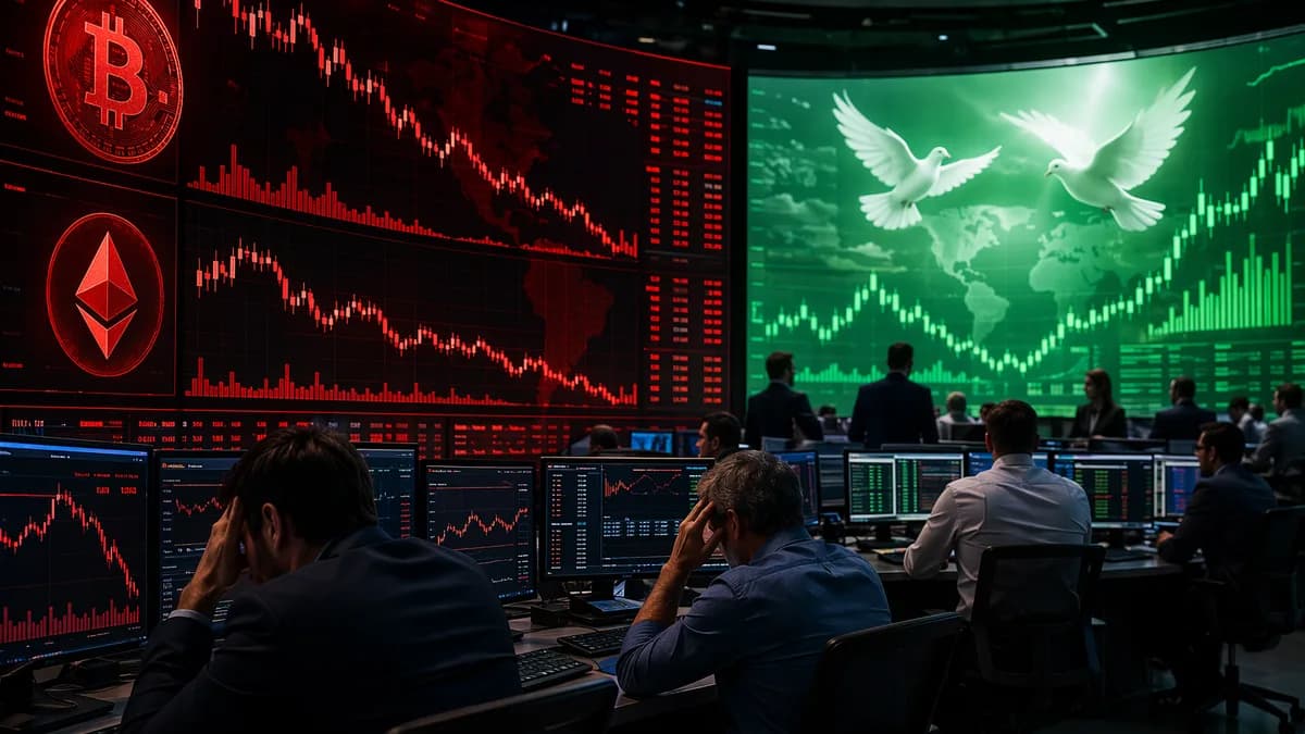 Crypto trading floor with red Bitcoin and ether charts while stock markets glow green in the background