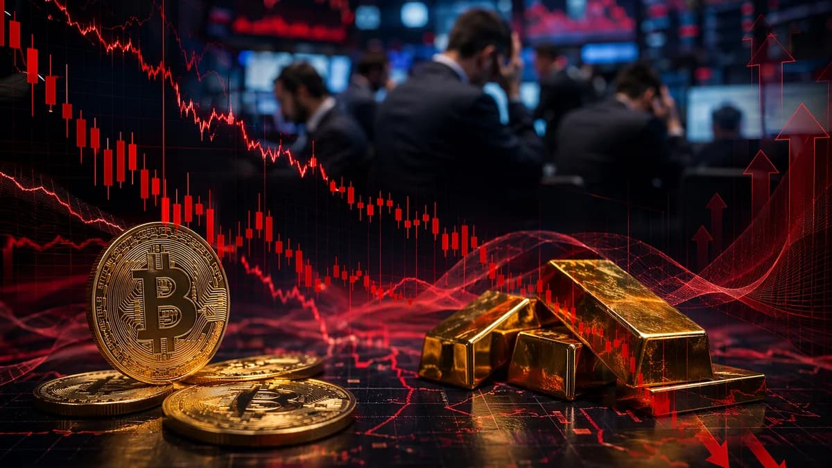 Bitcoin and gold falling together amid rate-hike pressure on a tense trading floor