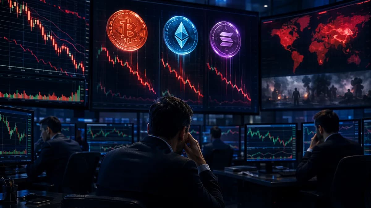 Crypto trading desk with fading market charts as traders await geopolitical deal confirmation