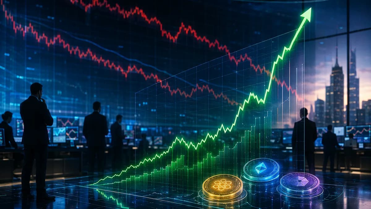 Digital finance scene showing a sharp stock rebound against a longer-term decline, symbolizing a buyback rally.