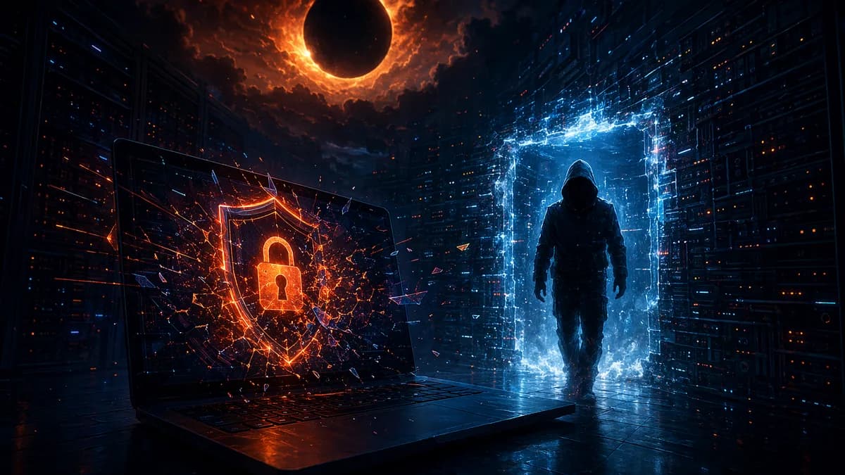 Encrypted laptop vault cracked under an eclipse, symbolizing a BitLocker zero-day breach.
