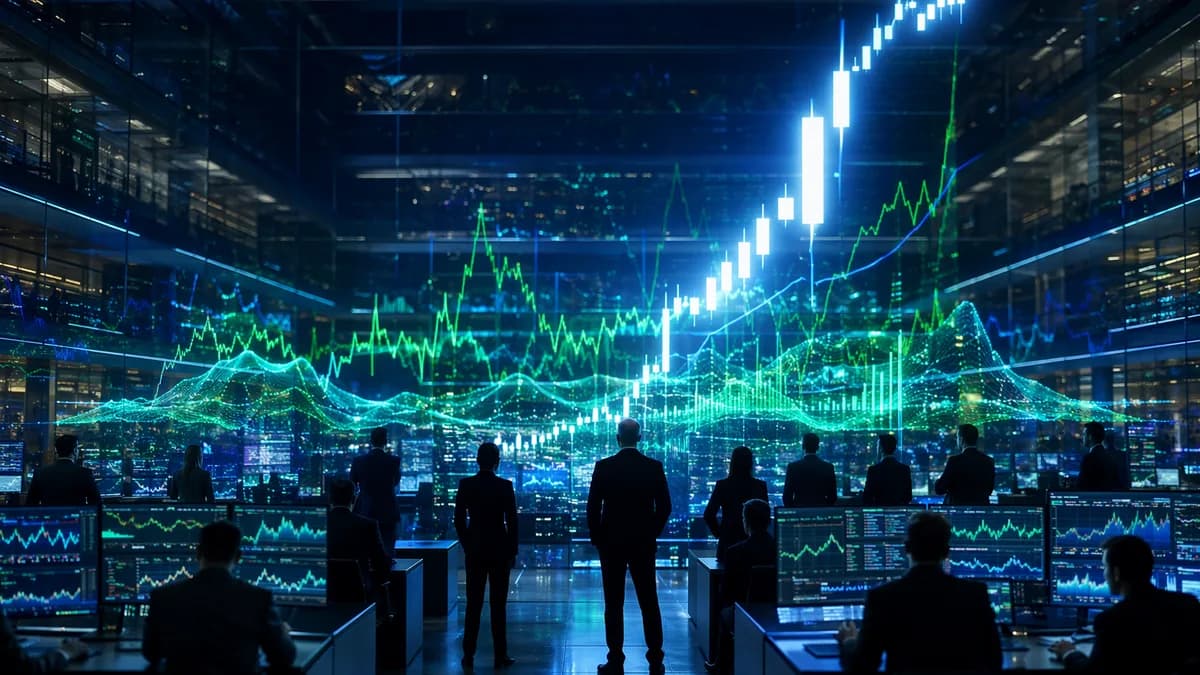 Futuristic crypto trading floor with green rising charts showing a broad market rally led by one standout surge.