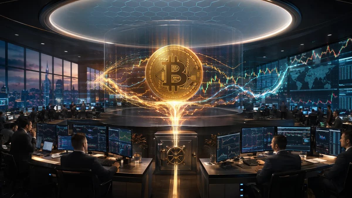 Institutional crypto trading desk with bitcoin volatility waves and a visual capped-upside barrier