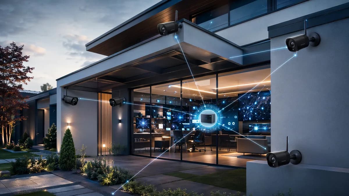 Five smart outdoor security cameras around a modern home with a futuristic monitoring hub.