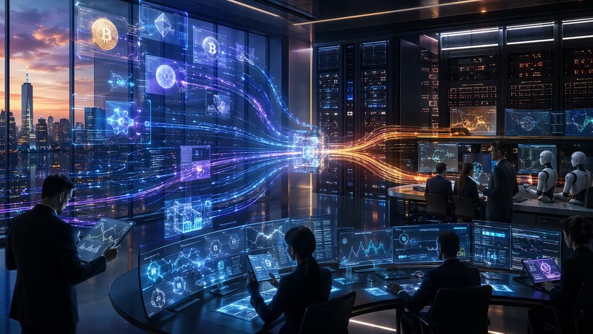 Blockchain asset rails connecting with legacy ERP and treasury systems in a modern finance operations room.