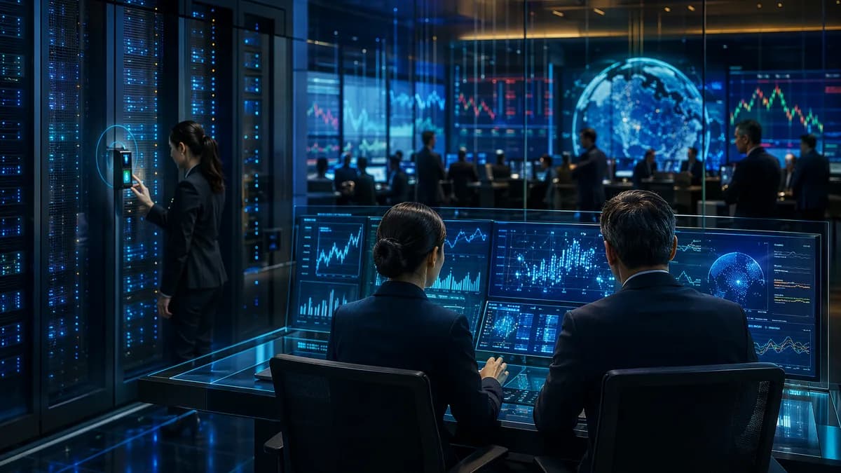 Secure economic data control room with market dashboards and traders reacting to data-release safeguards.