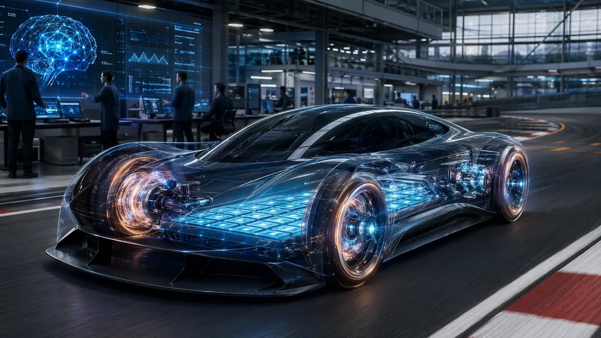 Futuristic electric performance car in a high-tech motorsport lab with glowing EV drivetrain visuals.