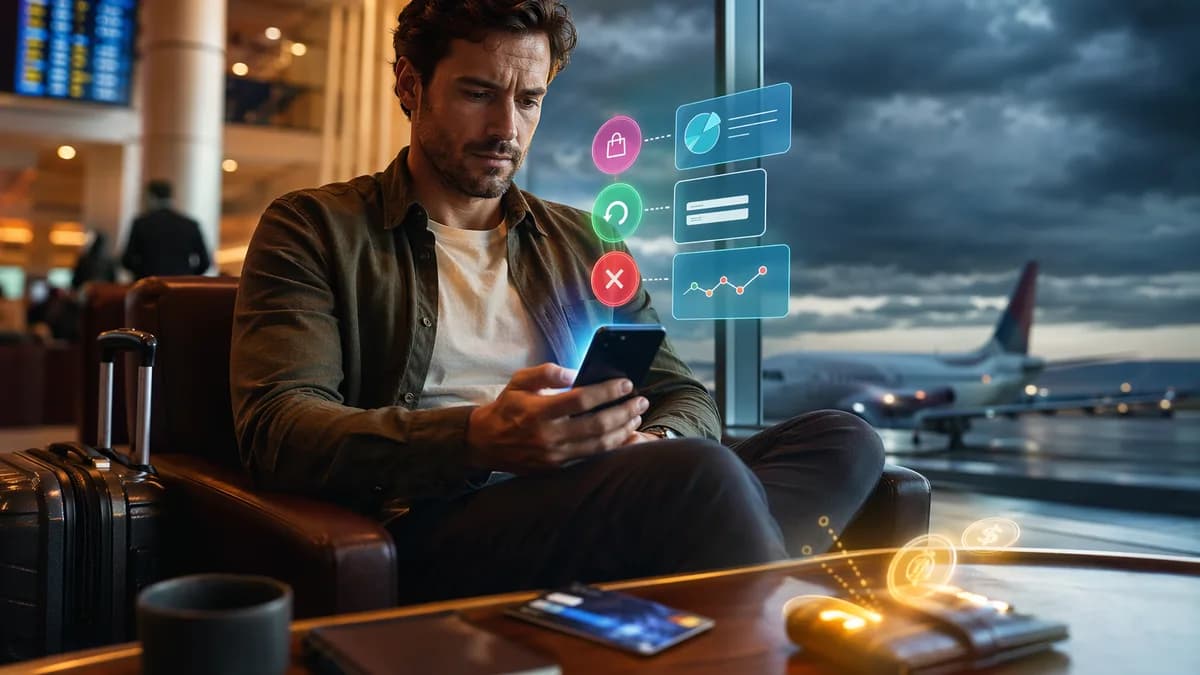 Traveler checks BNPL payment refund risk on a phone in an airport lounge.