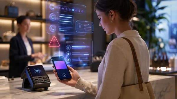 Shopper using a BNPL virtual card on a phone with abstract fee and limit indicators at checkout.