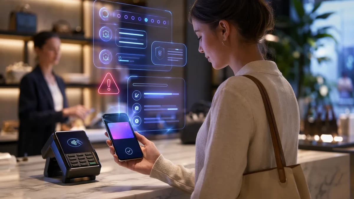 Shopper using a BNPL virtual card on a phone with abstract fee and limit indicators at checkout.